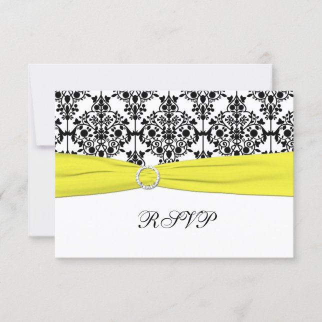 Black, White, Yellow Damask RSVP Card (Front)