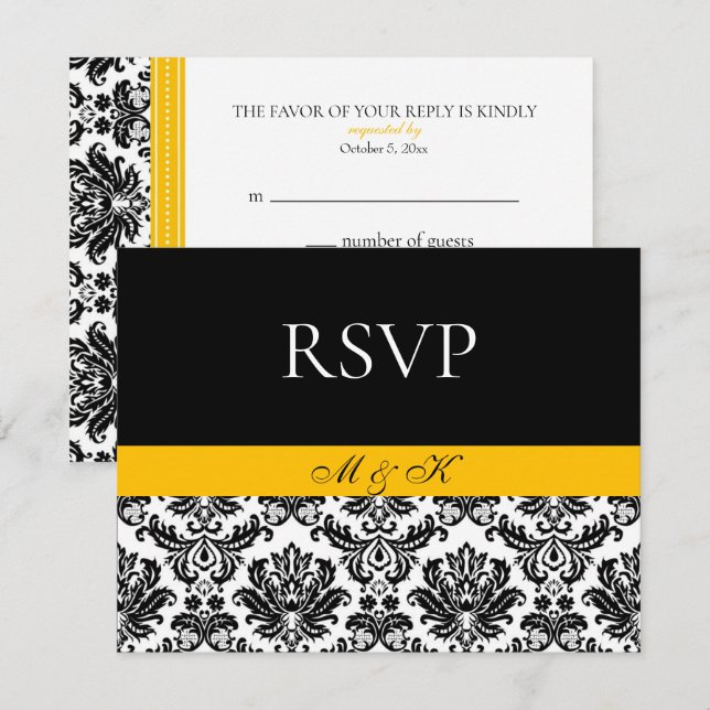 Black White Yellow Damask RSVP Card (Front/Back)