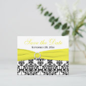 Black, White, Yellow Damask Save the Date Card (Standing Front)