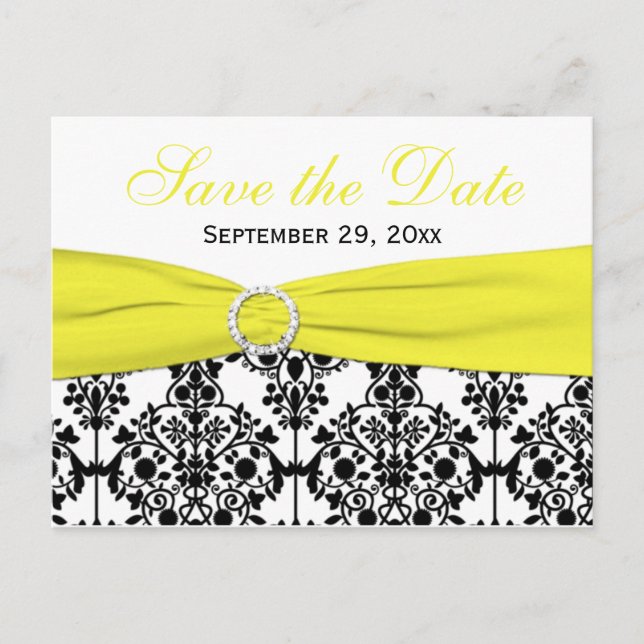 Black, White, Yellow Damask Save the Date Card (Front)