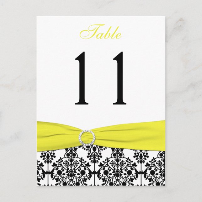 Black, White, Yellow Damask Table Number Card (Front)