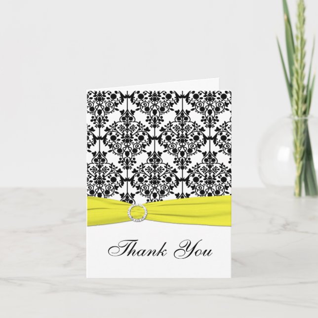 Black, White, Yellow Damask Thank You Note Card (Front)