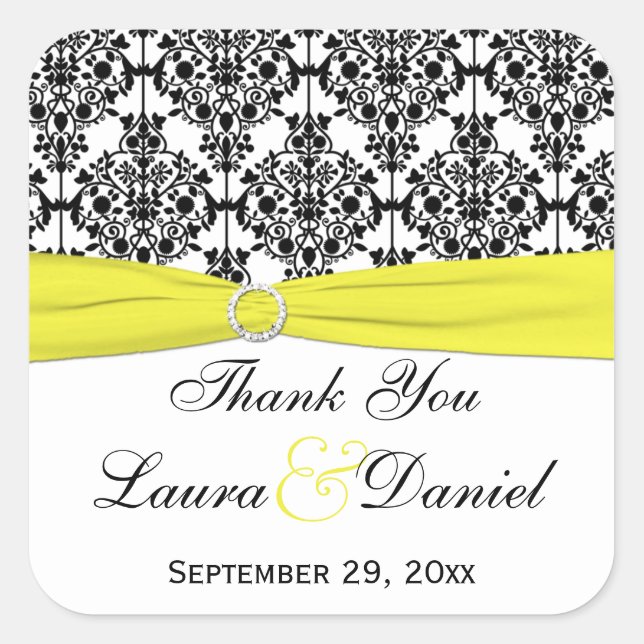 Black White Yellow Damask Wedding Favor Sticker (Front)