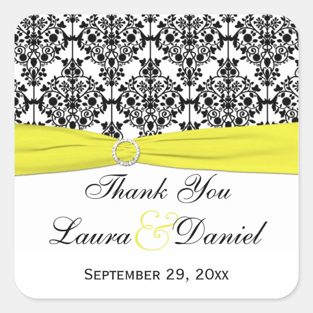 Black White Yellow Damask Wedding Favor Sticker (Front)