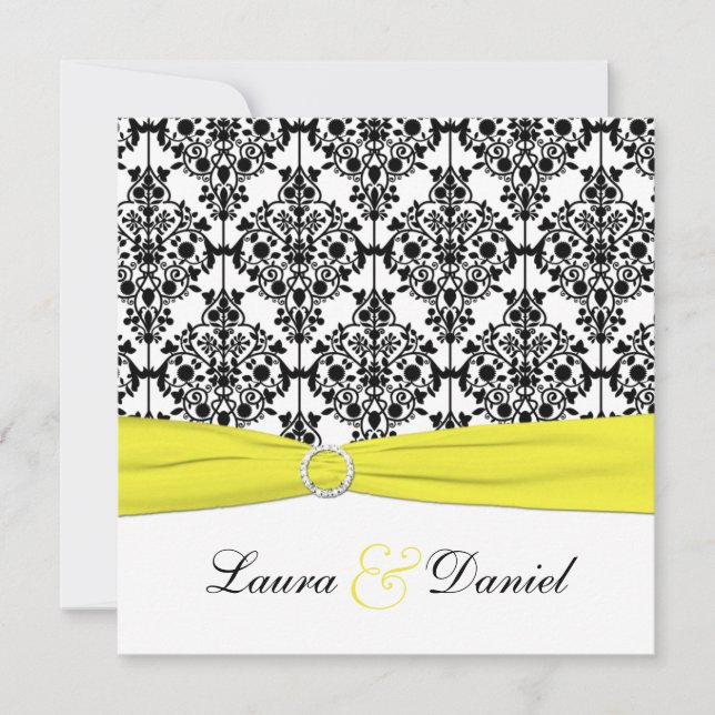 Black, White, Yellow Damask Wedding Invitation (Front)