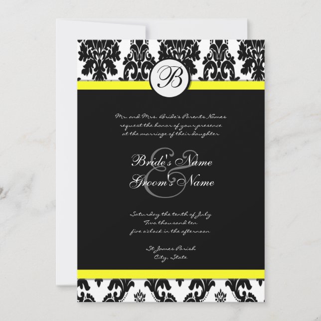 Black White Yellow Damask Wedding Invitation (Front)