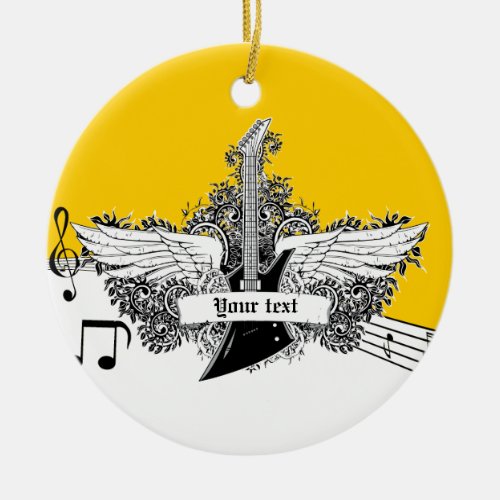 Black white yellow electric guitar with wings ceramic ornament
