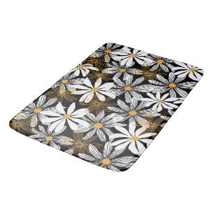Black, White, Yellow Elegant Daisy Floral Abstract Bath Mat