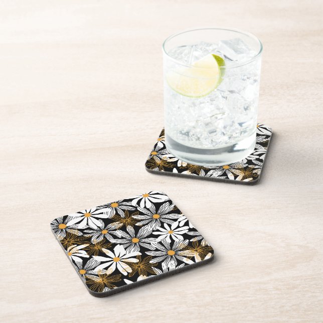Black, White, Yellow Elegant Daisy Floral Abstract Beverage Coaster (Right Side)