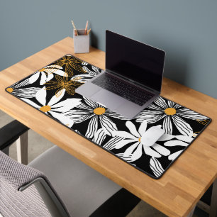 Black, White, Yellow Elegant Daisy Floral Abstract Desk Mat