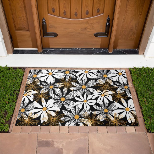 Black, White, Yellow Elegant Daisy Floral Abstract Doormat (Outdoor)
