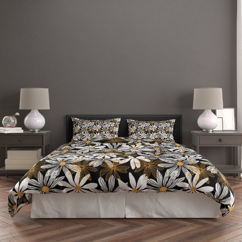 Black White Yellow Elegant Daisy Floral Abstract Duvet Cover