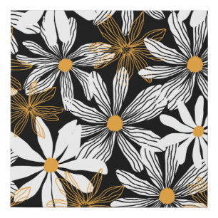 Black, White, Yellow Elegant Daisy Floral Abstract Faux Canvas Print