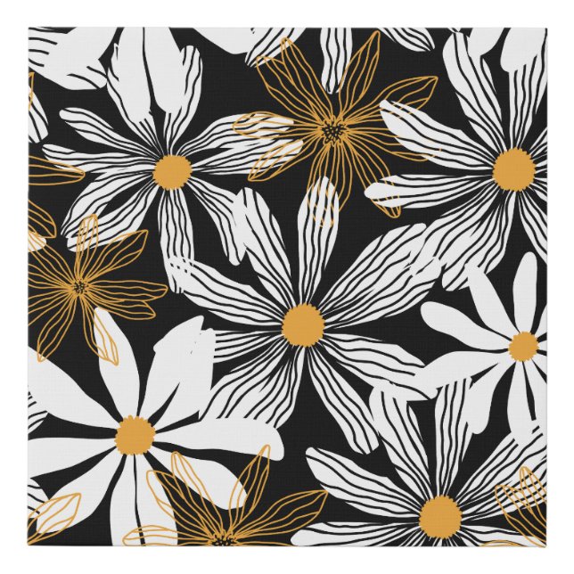 Black, White, Yellow Elegant Daisy Floral Abstract Faux Canvas Print (Front)