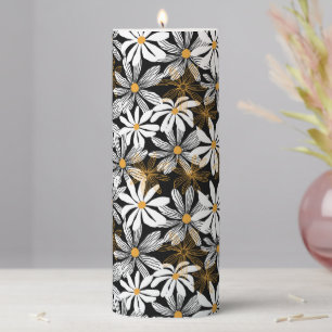 Black, White, Yellow Elegant Daisy Floral Abstract Pillar Candle