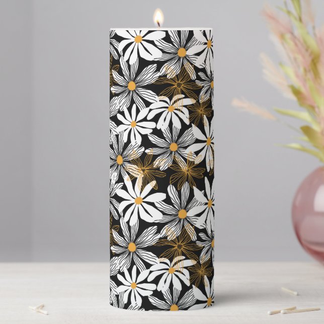 Black, White, Yellow Elegant Daisy Floral Abstract Pillar Candle (In Situ)
