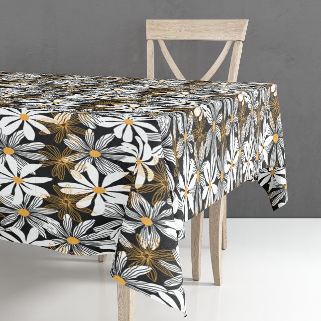 Black, White, Yellow Elegant Daisy Floral Abstract Tablecloth (Black, White, Yellow Elegant Daisy Floral Abstract Tablecloth)