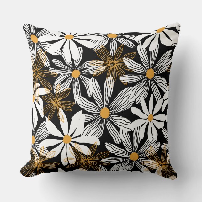 Black, White, Yellow Elegant Daisy Floral Abstract Throw Pillow (Front)