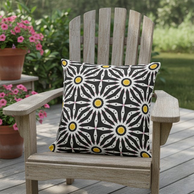 Black White Yellow Kaleidoscope Geometric Floral  Outdoor Pillow (Creator Uploaded)