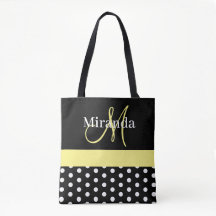 Black White Yellow Monogram Script Polka Dots