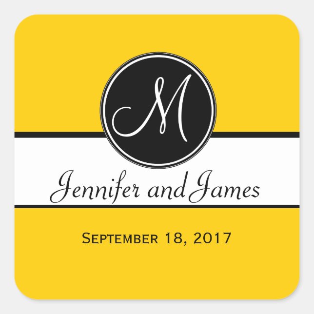 Black White Yellow Monogram Wedding Favor Sticker (Front)