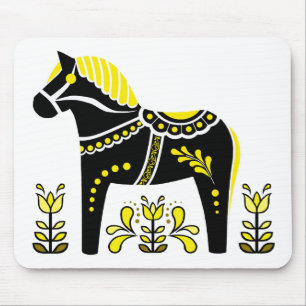 Black/white/yellow Nordic Folk Dala horse/Friesian Mouse Pad
