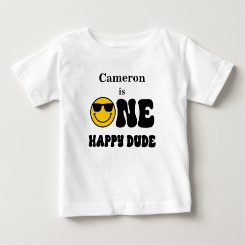 Black White Yellow One Happy Dude 1st Birthday  Baby T_Shirt