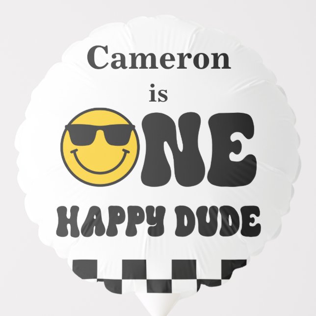 Black White Yellow One Happy Dude 1st Birthday  Balloon (Front)