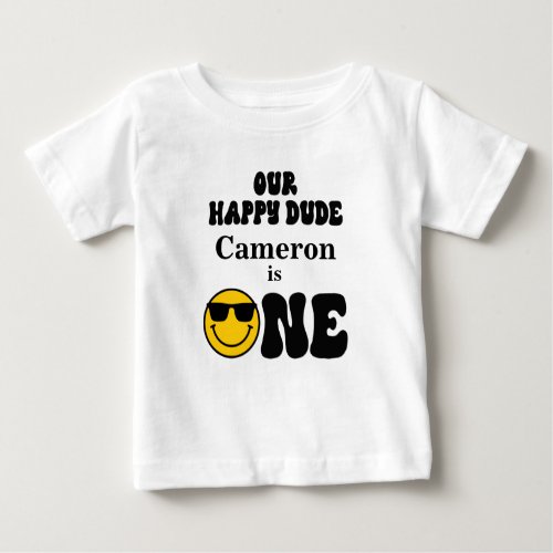 Black White Yellow Our Happy Dude 1st Birthday  Baby T_Shirt