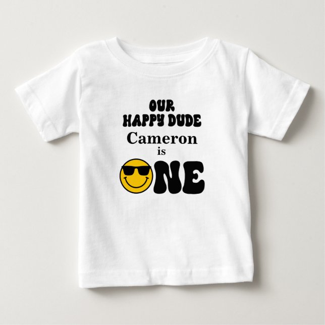 Black White Yellow Our Happy Dude 1st Birthday  Baby T-Shirt (Front)