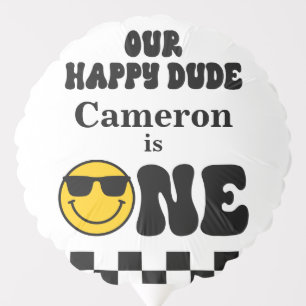 Black White Yellow Our Happy Dude 1st Birthday  Balloon