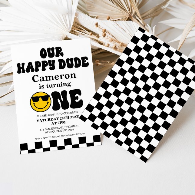 Black White Yellow Our Happy Dude 1st Birthday Invitation (Happy dude 1st birthday invitation for boy featuring some retro text, checkerboard pattern and face.)