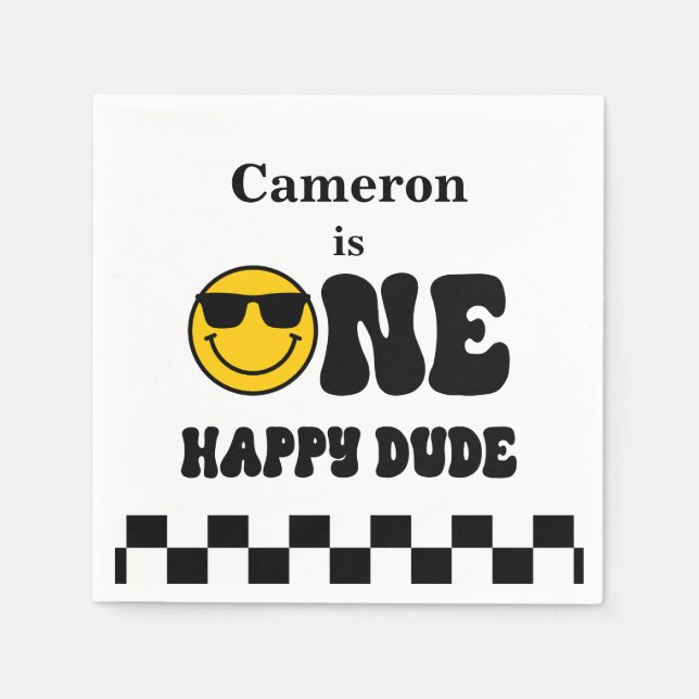 Black White Yellow Our happy dude 1st birthday Napkins (Front)