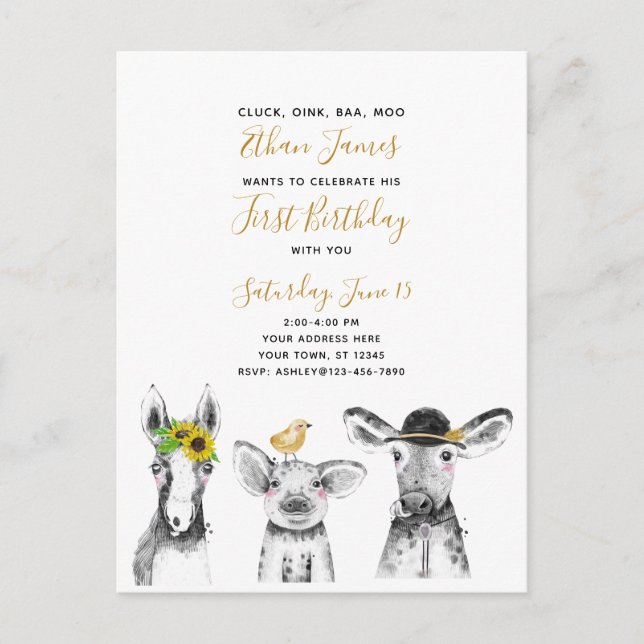 Black White Yellow Script Farm 1st Birthday Invitation Postcard (Front)