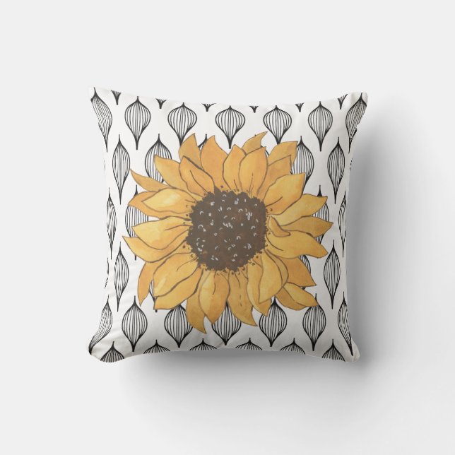 Black White Yellow Sunflower Throw Pillow (Front)
