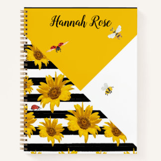 Black White Yellow Sunflowers Bees Ladybugs Notebook