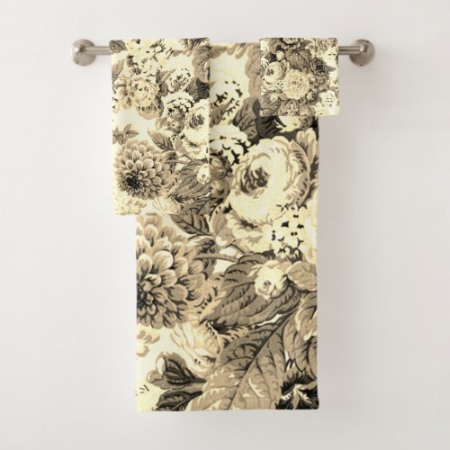 Black White Yellow Tone Peony Vintage Floral Toile Bath Towel Set