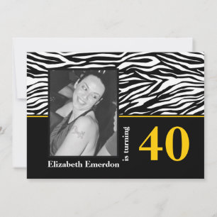 Black white yellow zebra print 40th birthday photo invitation