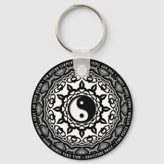 Black White Yin Yang Mandala Daily Reminder Words  Keychain