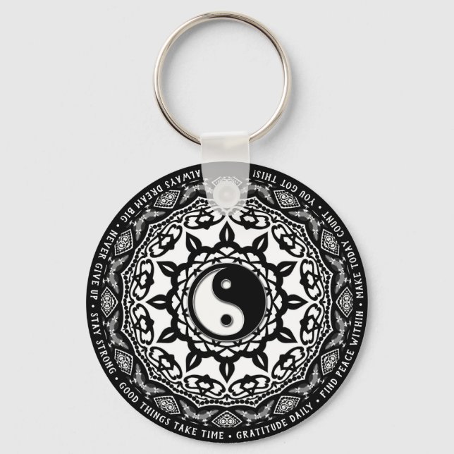 Black White Yin Yang Mandala Daily Reminder Words  Keychain (Back)