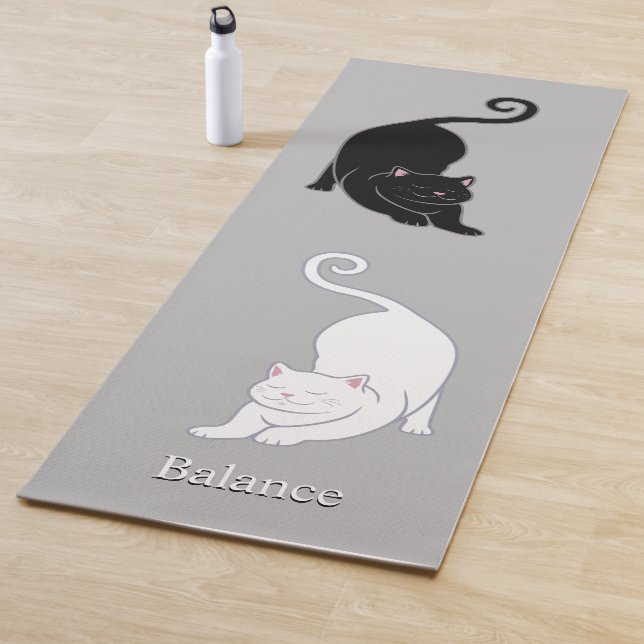Black & White Yoga Cats on Light Silver Gray Yoga Mat (In Situ)
