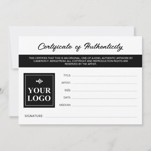 Black White Your Logo Certificate of Authenticity