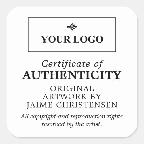 Black White Your Logo Certificate of Authenticity Square Sticker