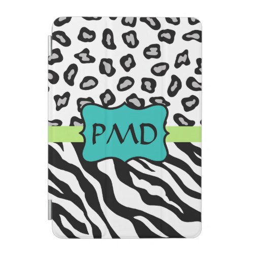 Black White Zebra and Leopard Skin Monogram iPad Mini Cover