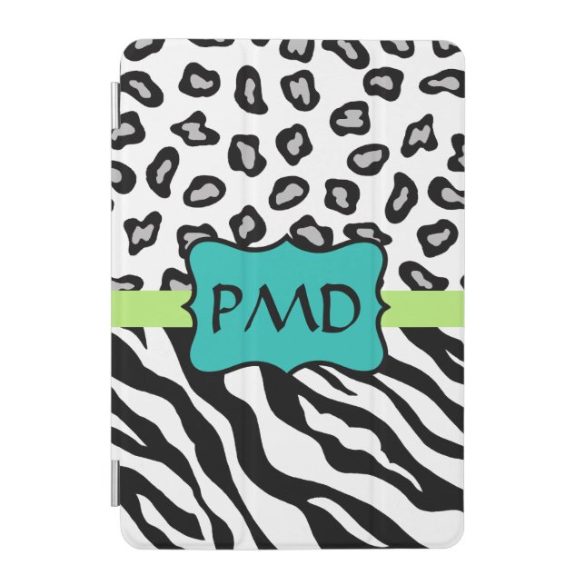 Black White Zebra and Leopard Skin Monogram iPad Mini Cover (Front)