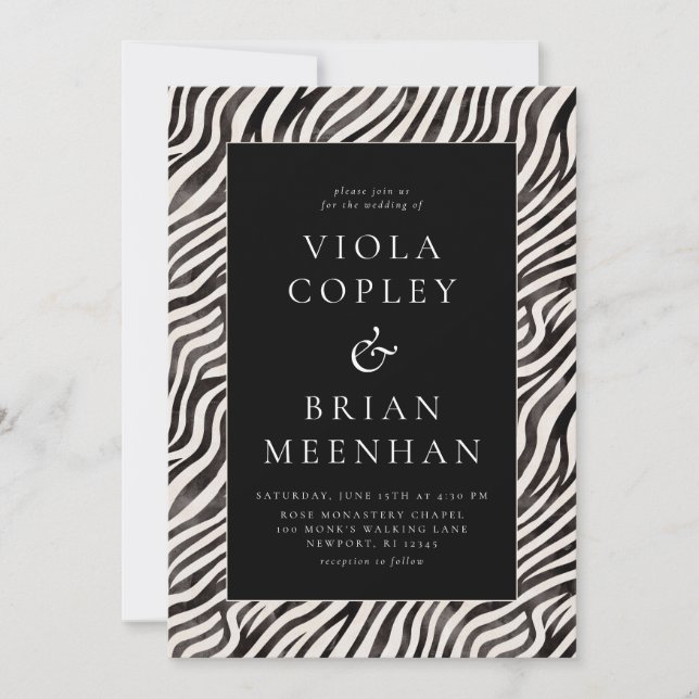 Black White Zebra Animal Print Glam Wedding Invitation (Front)