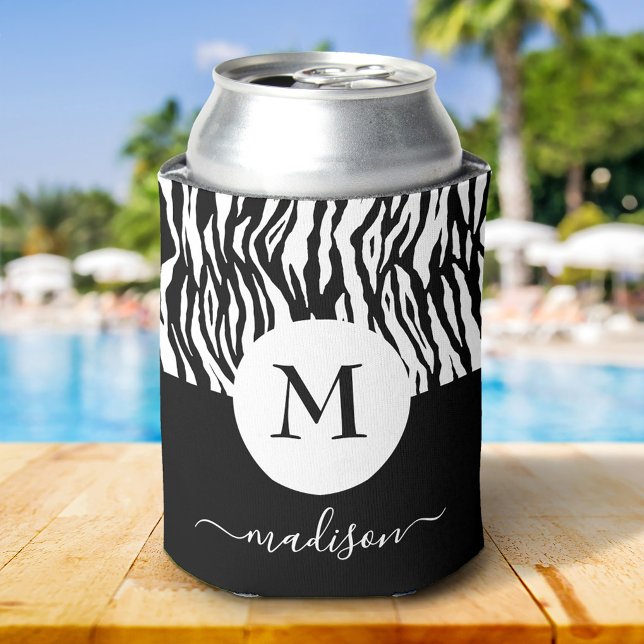Black White Zebra Animal Print Monogram Name Chic Can Cooler (Creator Uploaded)