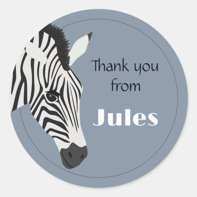 Black White Zebra Blue Thank you Classic Round Sticker (Front)