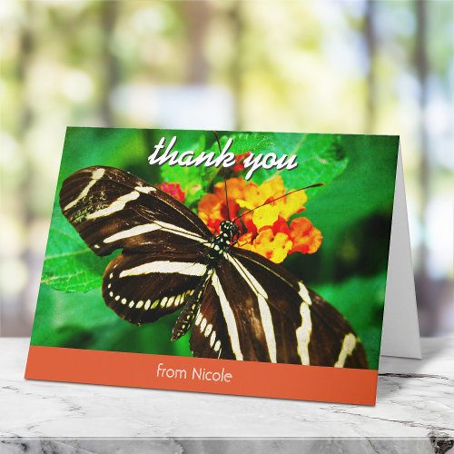 Black white zebra butterfly bold photo custom name thank you card