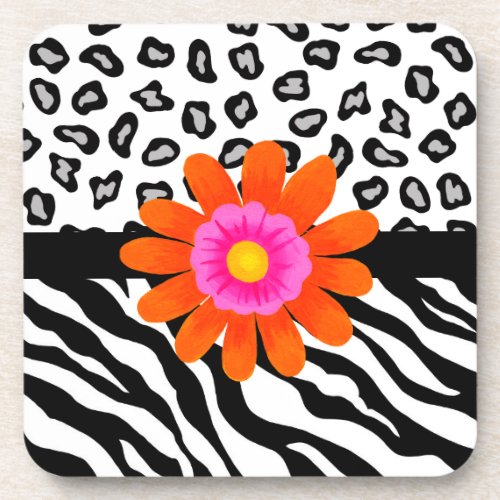 Black  White Zebra  Cheetah Skin  Orange Flower Beverage Coaster